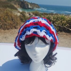 Handmade Unisex Crochet Bell Shaped Bucket Hat Red White Blue